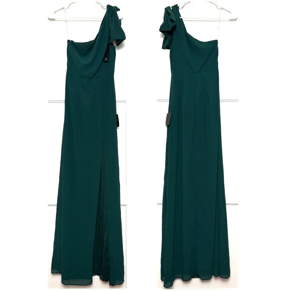 NWT LULUS Emerald Chiffon Bow Trim One Shoulder Princesscore Formal Maxi Gown S